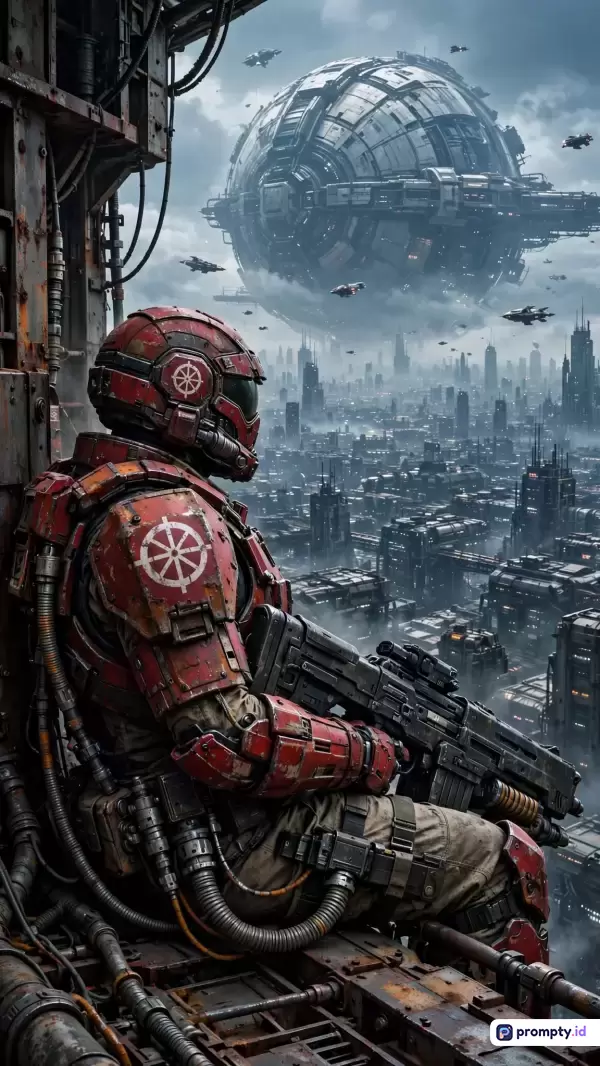 Gambar bergaya fiksi ilmiah distopia ini menampilkan seorang prajurit lapis baja merah yang mengamati kota futuristik dan pesawat ruang angkasa raksasa dari balkon industri, dengan kata kunci prajurit, fiksi ilmiah, kota masa depan, pesawat ruang angkasa, distopia, dan senjata, didominasi oleh warna abu-abu baja, merah karat, dan biru langit mendung.