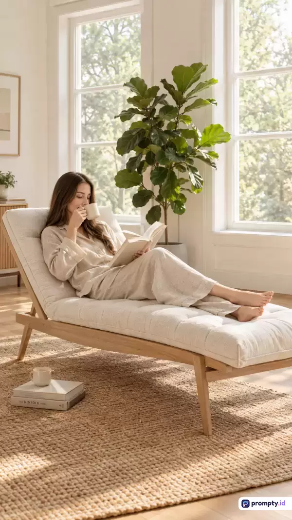 Gambar bergaya fotografi gaya hidup (*lifestyle photography*) ini menampilkan konten seorang wanita yang sedang bersantai membaca buku sambil menikmati minuman di kursi malas ruang tamu yang terang, dengan dominasi warna krem, putih, dan cokelat, serta menggunakan kata kunci wanita, membaca, santai, ruang tamu, estetika, minimalis, dan tanaman hias.