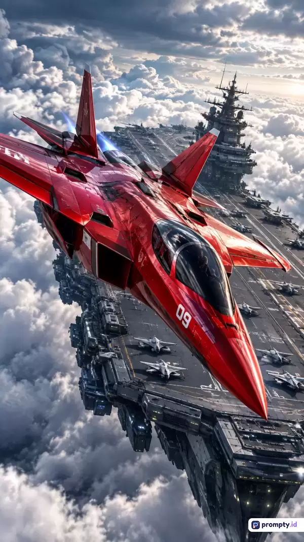 Gambar bergaya sinematik futuristik ini menampilkan jet tempur merah bernomor 09 yang terbang di atas kapal induk udara kolosal di tengah gumpalan awan putih, dengan kata kunci jet tempur, kapal induk langit, militer futuristik, fiksi ilmiah, langit berawan, pesawat merah, aksi udara, dan teknologi canggih, didominasi oleh warna merah terang, abu-abu baja, dan putih awan.