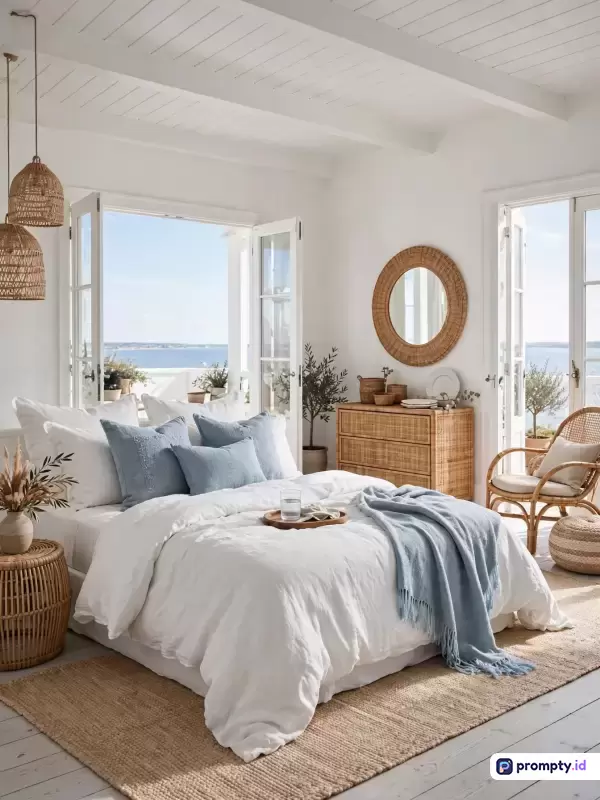 Gambar fotografi interior bergaya resor pesisir pantai ini menampilkan konten kamar tidur cerah dengan tempat tidur putih, bantal biru, dan pemandangan laut, menggunakan kata kunci desain pantai, resor, minimalis, dan dekorasi rotan, didominasi oleh warna putih, biru muda, dan cokelat kayu.