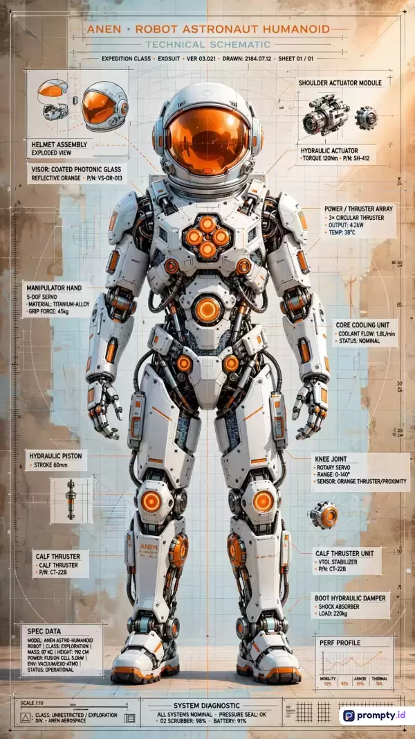 Gambar skema teknis robot astronaut humanoid bergaya futuristik ini menampilkan konten infografis detail dengan palet warna dominan putih, oranye, dan abu-abu, serta kata kunci seperti robot astronaut, skema teknis, dan fiksi ilmiah.