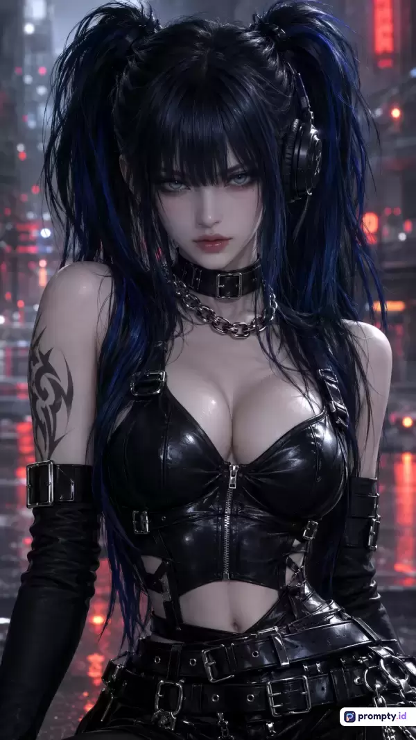Gambar dengan gaya seni digital anime futuristik ini menampilkan seorang wanita berambut hitam kebiruan bergaya *twintails* mengenakan pakaian kulit ketat serba hitam, kalung rantai, dan aksesori *cyberpunk*, berlatar belakang kota malam bermandikan lampu neon dengan dominasi warna hitam, abu-abu gelap, serta merah menyala, dan kata kunci terkait meliputi gadis anime, cyberpunk, goth, pakaian kulit, rambut kuncir dua, dan neon kota malam.