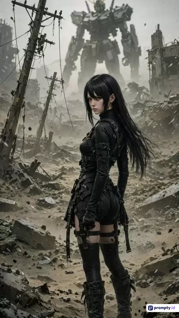 Gambar bergaya digital art sinematik ini menampilkan konten seorang wanita berambut hitam mengenakan pakaian taktis serba hitam dengan latar belakang kota hancur pasca-apokaliptik yang didominasi oleh robot raksasa (mecha) dengan kata kunci utama pahlawan wanita, apokalips, dan robot raksasa, serta didominasi oleh tiga warna utama yaitu abu-abu gelap, cokelat tanah, dan hitam legam.