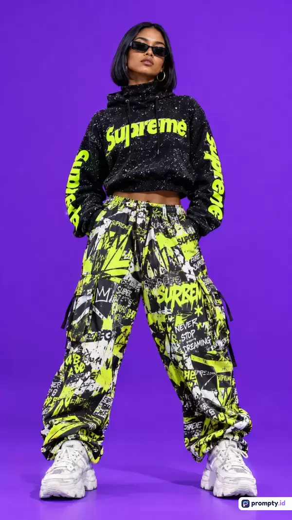 Gambar potret bergaya fotografi jalanan kontemporer ini menampilkan seorang wanita berambut pendek memakai kacamata hitam, hoodie hitam bertuliskan Supreme, celana kargo grafiti hijau-hitam, dan sepatu kets putih dengan latar belakang polos berwarna ungu, yang dikategorikan dengan kata kunci mode urban, streetwear, gaya hip-hop, grafiti, dan tren pakaian jalanan, serta didominasi oleh warna ungu, hijau neon, dan hitam.