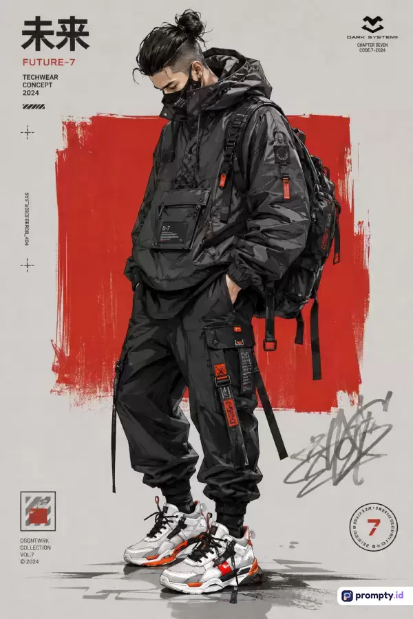Gambar ilustrasi digital bertema konsep techwear masa depan ini menampilkan karakter pria dengan gaya rambut *top knot* yang mengenakan pakaian serba hitam—jaket tebal berkerudung, celana kargo dengan banyak tali, dan sepatu sneakers putih-oranye—berlatar belakang abu-abu terang dengan sapuan kuas merah abstrak serta elemen tipografi Jepang dan futuristik, yang menghasilkan tiga warna dominan yaitu hitam, abu-abu, dan merah, dengan kata kunci: *techwear, cyberpunk, fashion futuristik, ilustrasi digital, streetwear*.