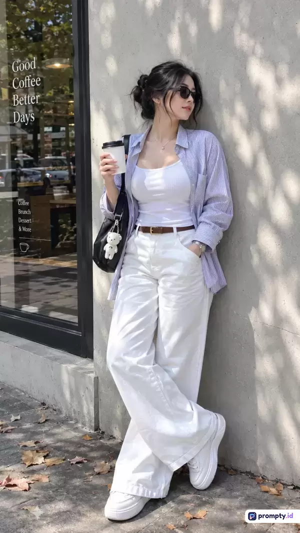 Gambar fotografi potret penuh gaya kasual urban ini menampilkan seorang wanita muda yang bersandar di dinding luar kafe sambil memegang cangkir kopi, dengan kata kunci fashion wanita, gaya jalanan, kafe, dan estetika minimalis, serta didominasi oleh warna putih, ungu muda, dan hitam.