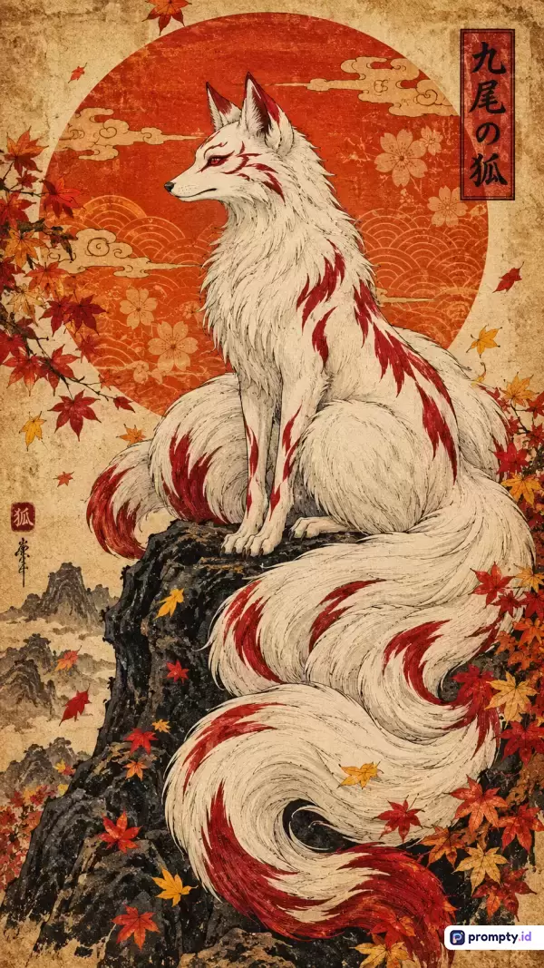 Gambar ini bergaya seni tradisional Jepang ukiyo-e yang menampilkan konten rubah putih berekor sembilan di atas tebing batu dengan latar belakang matahari merah dan daun maple, menggunakan palet warna merah, krem, dan hitam, serta kata kunci rubah putih, mitologi Jepang, ukiyo-e, daun maple, dan seni tradisional.