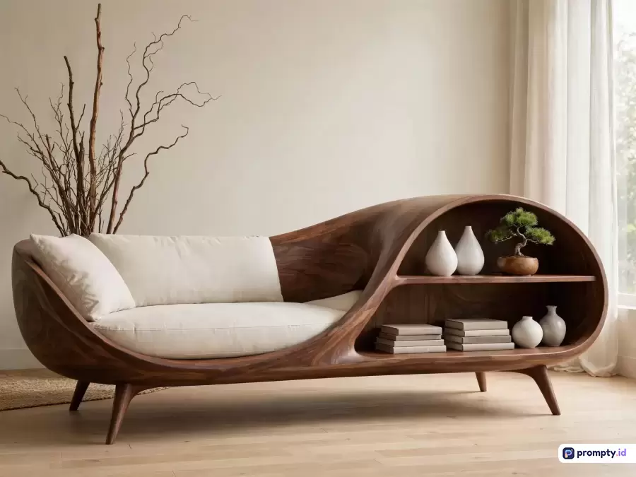 Gambar bergaya fotografi interior minimalis modern ini menampilkan konten sofa kayu organik melengkung dengan rak terintegrasi yang didekorasi bantal putih, vas keramik, dan tanaman bonsai, serta dikuratori dengan kata kunci desain interior, furnitur kayu, ruang tamu, estetika alami, dan dekorasi elegan, menggunakan palet warna dominan cokelat kayu, krem, dan putih.