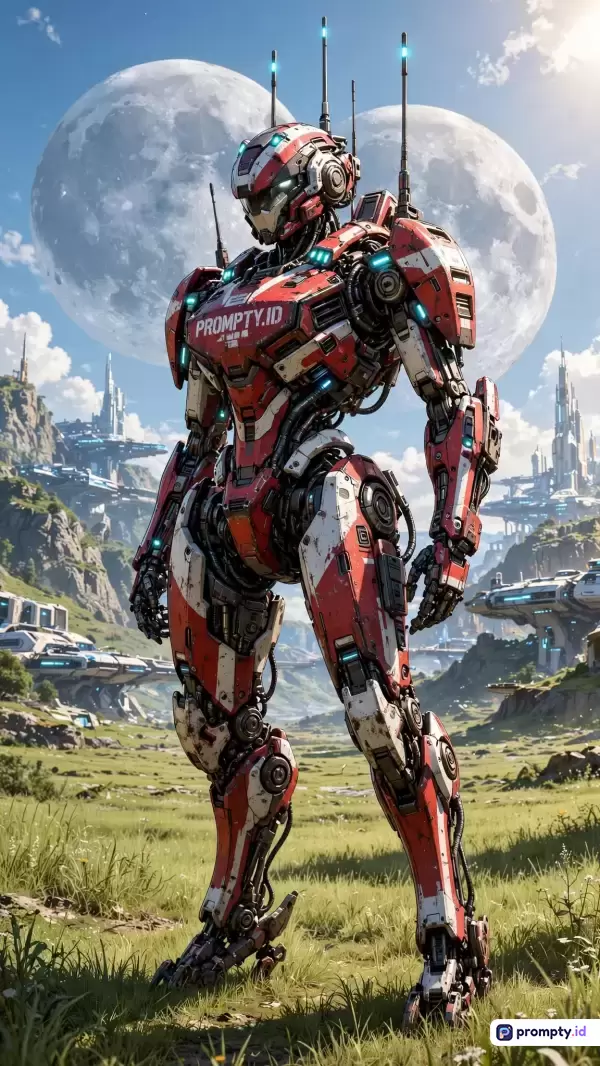 Gambar bergaya fiksi ilmiah digital ini menampilkan robot mecha humanoid merah-putih berteknologi tinggi di padang rumput alien dengan latar dua bulan besar dan kota futuristik, menggunakan kata kunci robot, mecha, fiksi ilmiah, alien, dan futuristik, dengan dominasi warna merah, putih, dan biru langit.