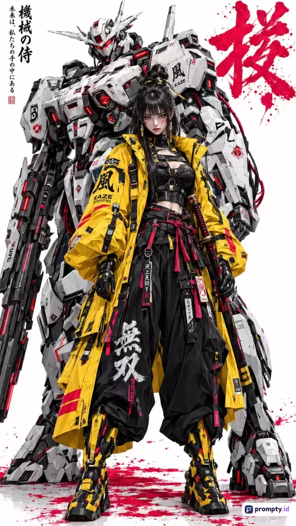 Gambar bergenre *cyberpunk* dan *sci-fi anime* ini menampilkan konten seorang wanita bergaya *techwear* mengenakan jaket kuning cerah dan pakaian serba hitam yang berdiri percaya diri dengan latar belakang robot mecha raksasa putih beraksen merah, dengan dominasi warna kuning, putih, dan merah, serta kata kunci: wanita, mecha, robot, cyberpunk, samurai, techwear, anime.