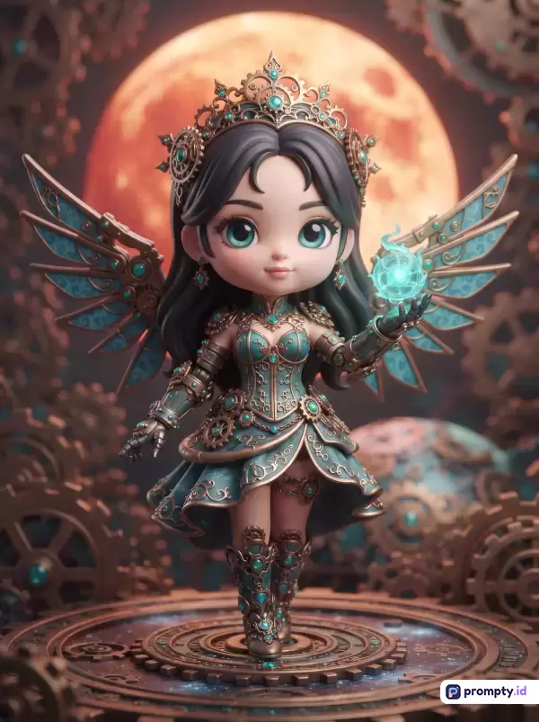 Gambar digital bergaya chibi 3D ini menampilkan seorang putri steampunk berambut hitam bermata hijau, mengenakan mahkota rumit, baju zirah hiasan, dan sayap mekanis sambil memegang bola energi bercahaya di latar belakang bulan oranye besar dan roda gigi berputar, dengan kata kunci utama: chibi, steampunk, putri, sayap mekanis, fantasi, dan tiga warna dominan yaitu cokelat tembaga, hijau tosika, dan oranye senja.