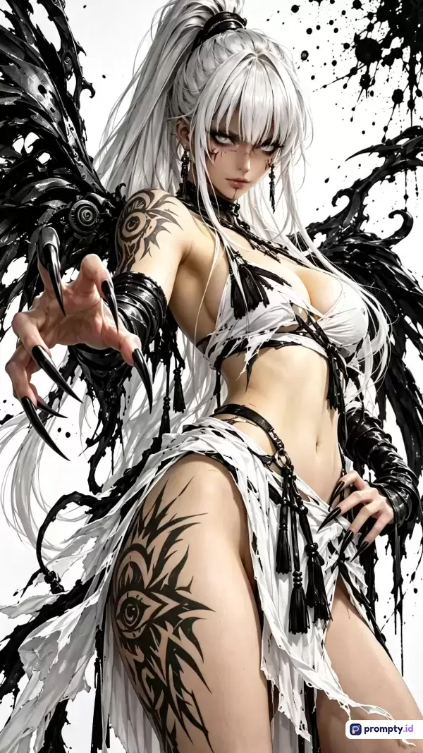 Gambar berformat digital art bertema fantasi gelap ini menampilkan seorang wanita berambut putih dengan sayap hitam berduri, gaya anime modern, dan latar belakang cipratan tinta putih-hitam, dengan kata kunci karakter anime, wanita bertanduk, sayap hitam, tato suku, seni digital, fantasi gelap, kuku panjang, dominasi warna putih, hitam, dan abu-abu, serta memiliki komposisi yang dinamis.