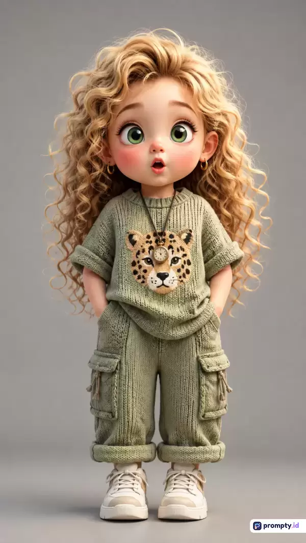 Gambar bergaya ilustrasi 3D realistis ini menampilkan konten seorang anak perempuan berambut keriting pirang, mengenakan baju rajut hijau dengan motif macan tutul dan celana kargo, menggunakan kata kunci boneka, fesyen anak, dan imut, dengan palet warna dominan hijau sage, cokelat muda, dan abu-abu.