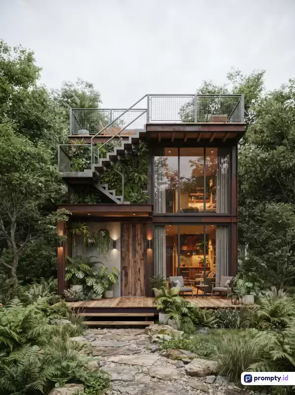 Gambar bergaya arsitektur modern-industrial ini menampilkan rumah kontainer dua lantai di tengah hutan rimbun, dengan kata kunci arsitektur berkelanjutan, rumah kontainer, eco-living, dan desain hijau, didominasi oleh warna hijau daun, cokelat kayu, dan abu-abu logam.