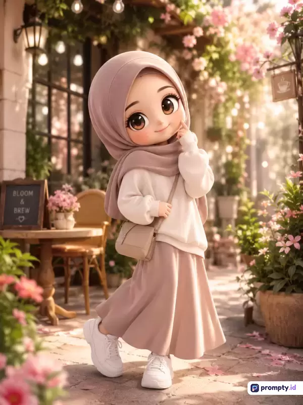 Gambar dengan gaya ilustrasi digital 3D chibi ini menampilkan seorang gadis berhijab cokelat muda, sweater putih, rok senada, dan sepatu kets, berpose manis di depan kafe bernuansa estetis dengan latar bunga-bunga merah muda, papan Bloom & Brew, serta pencahayaan hangat, dengan kata kunci hijab, chibi, kafe estetik, dan tiga warna dominan yaitu cokelat muda, putih, serta merah muda.