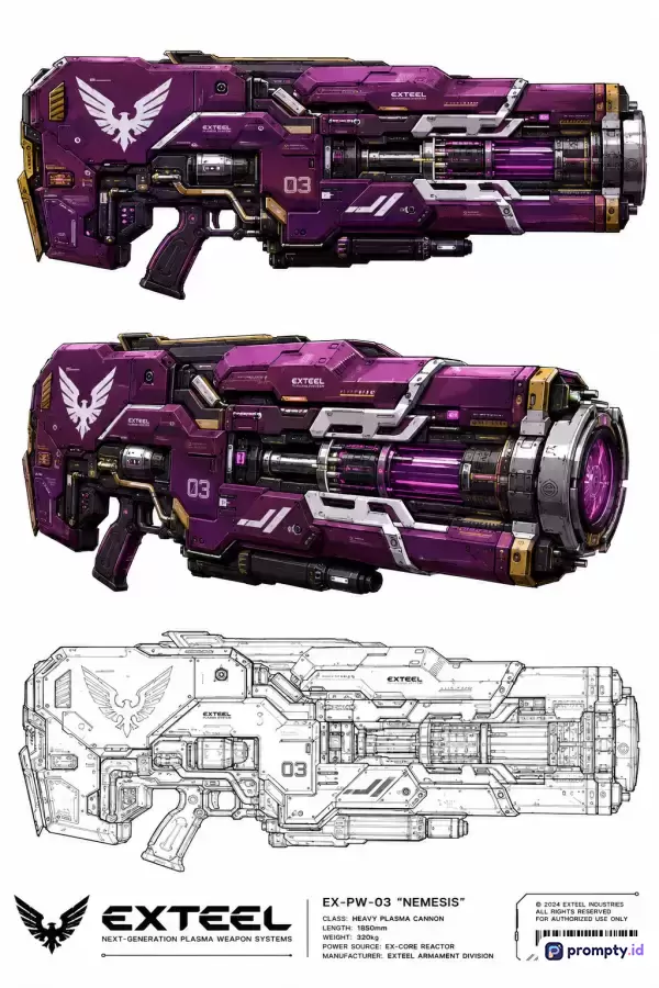 Gambar konsep seni fiksi ilmiah ini bergaya digital illustration dengan konten lembar desain senjata berat futuristic plasma cannon bernama EX-PW-03 NEMESIS yang menampilkan skema warna dominan ungu, putih, dan abu-abu, serta kata kunci: concept art, sci-fi weapon, futuristic gun, heavy plasma cannon, mechanical design, game asset, technical drawing.