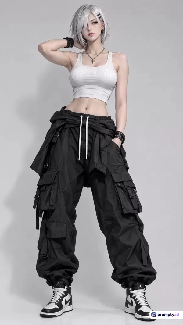 Gambar ber-gaya potret digital modern ini menampilkan seorang wanita berambut perak dengan gaya busana *streetwear* futuristik mengenakan *tank top* putih dan celana kargo hitam, memuat kata kunci mode urban, cyberpunk, wanita tangguh, gaya kontemporer, dan estetika digital, dengan palet tiga warna dominan yaitu putih, hitam, dan abu-abu.