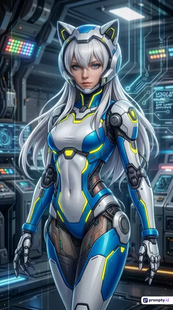 Gambar bergaya seni digital fiksi ilmiah ini menampilkan karakter wanita berambut putih dengan helm bertelinga kucing yang mengenakan baju zirah futuristik bernuansa biru, putih, dan kuning dengan latar belakang kokoh bernuansa teknologi tinggi, serta menggunakan kata kunci seperti sci-fi, cyborg, wanita, futuristik, dan anime.