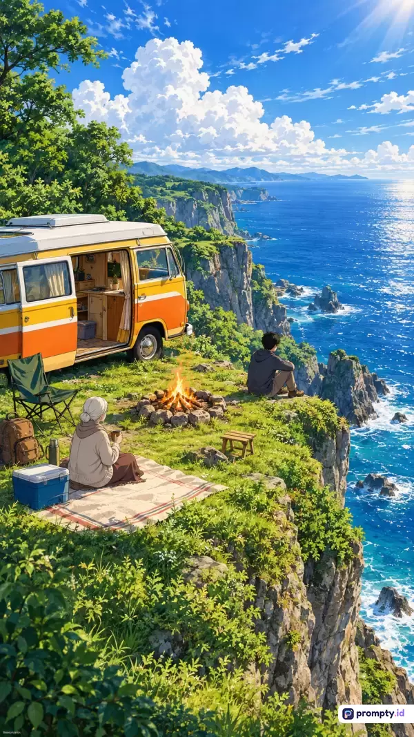 Gambar bergaya ilustrasi anime Makoto Shinkai ini menampilkan konten pemandangan tebing tepi laut yang cerah dengan latar langit biru berawan, van camper jingga-kuning, unggun api, dan dua orang yang sedang berkemah, serta menggunakan kata kunci: anime, pantai, tebing, van, berkemah, alam, musim panas, damai, pemandangan, ilustrasi; didominasi oleh warna biru laut, hijau daun, dan jingga matahari.