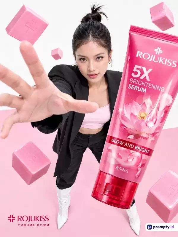 Gambar komersial bergaya modern dan dinamis ini menampilkan seorang wanita berpose interaktif dengan produk serum wajah Rojukiss 5X Brightening berukuran besar, dikelilingi elemen kubus melayang dengan dominasi warna merah muda, putih, dan hitam, serta kata kunci kecantikan, serum pencerah, perawatan kulit, Rojukiss, dan model wanita.