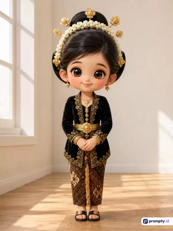 Gambar bergenre kartun 3D bergaya chibi ini menampilkan konten seorang anak perempuan berbusana adat Jawa hitam-emas lengkap dengan konde melati, dengan kata kunci budaya Indonesia, kebaya, tradisional, dan boneka mungil, serta didominasi oleh warna hitam, emas, dan krem.