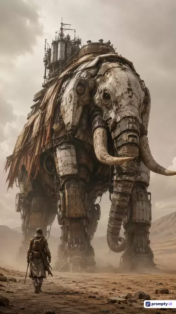 Gambar bergaya konsep seni fiksi ilmiah pasca-apokaliptik ini menampilkan konten berupa robot raksasa berbentuk gajah berkarat dengan struktur mekanis kompleks di punggungnya dan sesosok petualang kecil di depannya, serta menggunakan kata kunci gajah mekanik, sci-fi, pasca-apokaliptik, dan raksasa, dengan dominasi warna cokelat tua, abu-abu logam, dan krem kusam.