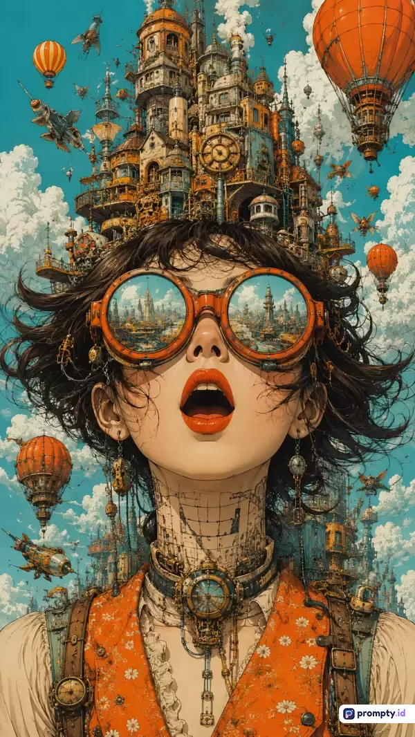 Ilustrasi digital bergaya steampunk ini menampilkan seorang wanita berambut pendek dengan kacamata bundar besar berbingkai jingga yang memantulkan pemandangan kota fantasi, sementara di atas kepalanya terdapat miniatur kota bertingkat rumit yang dikelilingi balon udara dan kapal terbang di langit berawan, didominasi oleh warna jingga, biru langit, dan cokelat keemasan dengan kata kunci steampunk, fantasi, wanita, balon udara, surealis.