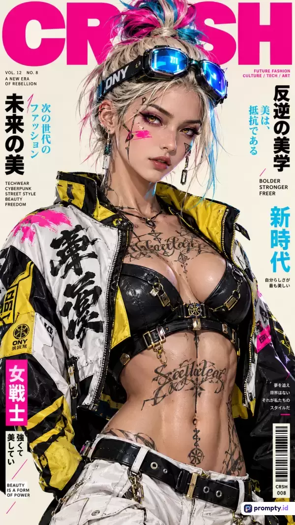 Gambar digital bergaya majalah fiksi ilmiah menampilkan seorang wanita muda berpenampilan *cyberpunk* dengan tato tubuh, rambut pirang beruntun merah muda-biru mengenakan kacamata pelindung, jaket *techwear* kuning-putih, dan bra hitam beraksen logam dengan teks Jepang di sekitarnya, menggunakan kata kunci fesyen futuristik, pemberontakan, estetika jalanan, serta didominasi oleh warna merah muda, kuning cerah, dan hitam legam.
