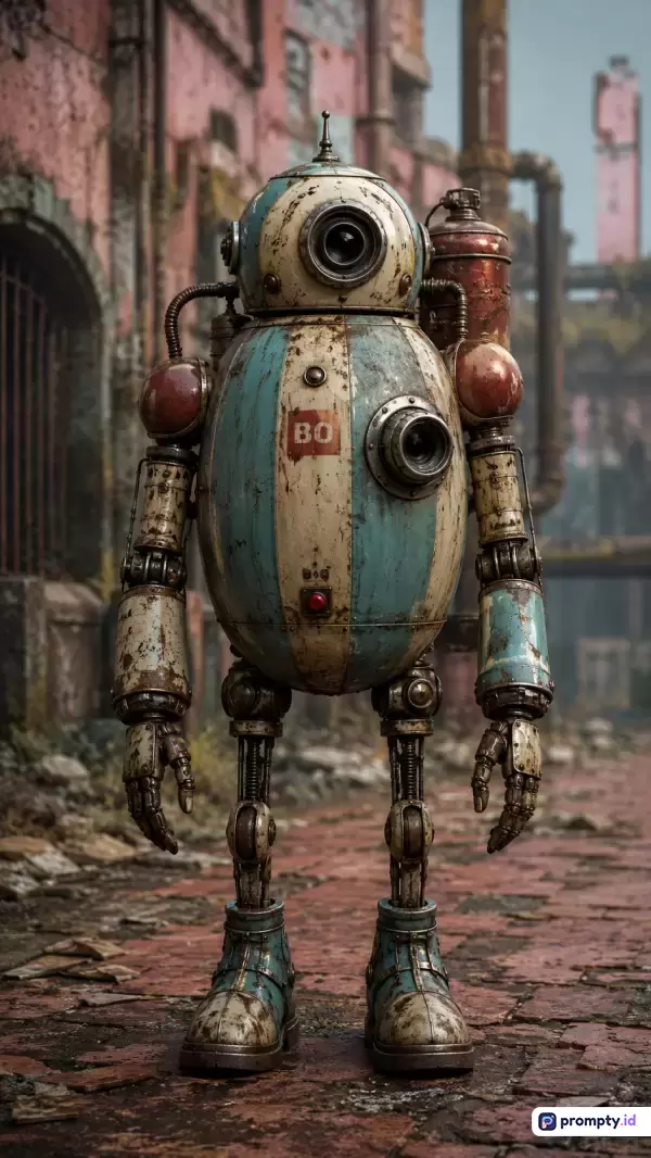 Gambar dengan gaya fotografi sinematik ini menampilkan konten berupa robot retro berukuran sedang yang berdiri di area industri terbengkalai, dengan kata kunci robot usang, sci-fi vintage, mesin berkarat, dan latar distopia, serta didominasi oleh tiga warna utama yaitu biru toska, putih pudar, dan cokelat karat.
