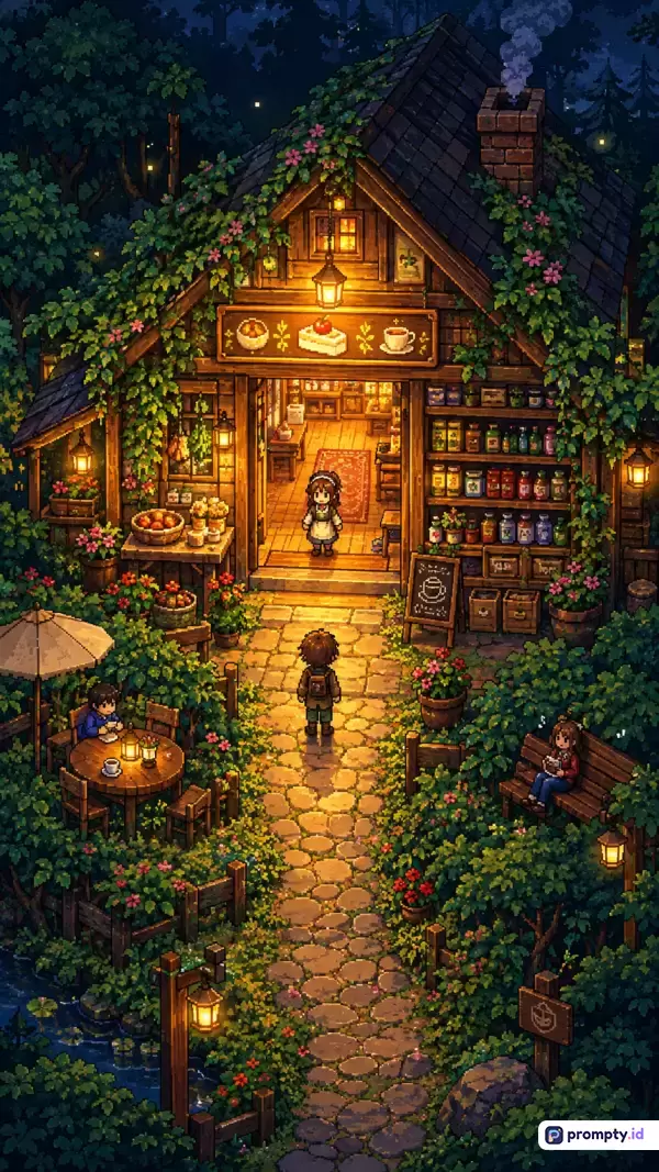 Gambar dengan gaya seni piksel (pixel art) bernuansa nostalgia dan hangat ini menampilkan konten suasana malam di sebuah kafe atau toko roti kayu yang dikelilingi hutan rimbun, dengan kata kunci kafe hutan, seni piksel, fantasi nyaman, dan malam berbintang, serta didominasi oleh warna hijau tua, kuning keemasan, dan cokelat gelap.