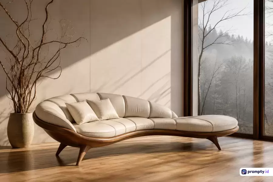 Gambar bergaya modern minimalis ini menampilkan konten ruang tamu elegan dengan sofa lengkung kulit krem, vas dekoratif berisi ranting kering, dan jendela besar berlatar pemandangan hutan berkabut, dengan dominasi warna krem, cokelat kayu, dan putih tulang, serta kata kunci interior mewah, desain kontemporer, dekorasi alami, pencahayaan alami, dan estetika minimalis.