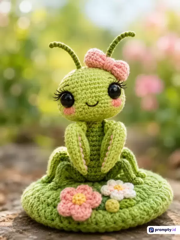 Gambar fotografi makro bergaya amigurumi rajut tangan ini menampilkan boneka belalang sembah hijau yang lucu dengan mata hitam besar, bulu mata lentik, pita merah muda di kepala, dan duduk di atas alas rajutan berhias bunga, dengan warna dominan hijau daun, merah muda pastel, dan hitam, serta kata kunci boneka rajut, amigurumi belalang, mainan buatan tangan, kerajinan tangan, dan fotografi mainan.