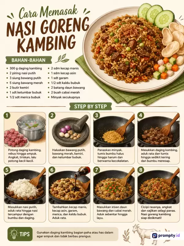 Gambar ilustrasi infografis resep Cara Memasak Nasi Goreng Kambing bergaya flat design kuliner dengan warna dominan cokelat, hijau zaitun, dan krem ini menampilkan konten panduan langkah demi langkah pembuatan nasi goreng lengkap dengan daftar bahan, foto hasil akhir di piring saji, serta tips memasak, dengan kata kunci nasi goreng kambing, resep masakan, cara memasak, kuliner indonesia, infografis resep, masakan daging kambing, dan bumbu tradisional.