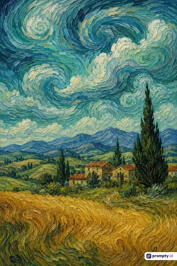 Lukisan gaya pasca-impresionis tebal impasto ini menampilkan pemandangan alam pedesaan bergelombang dengan langit malam berputar dinamis, rumah pedesaan klasik, dan pohon cemara menjulang tinggi, dengan kata kunci seni Van Gogh, lanskap pedesaan, langit berputar, tebal impasto, dan palet warna biru tua, kuning keemasan, serta hijau zamrud.