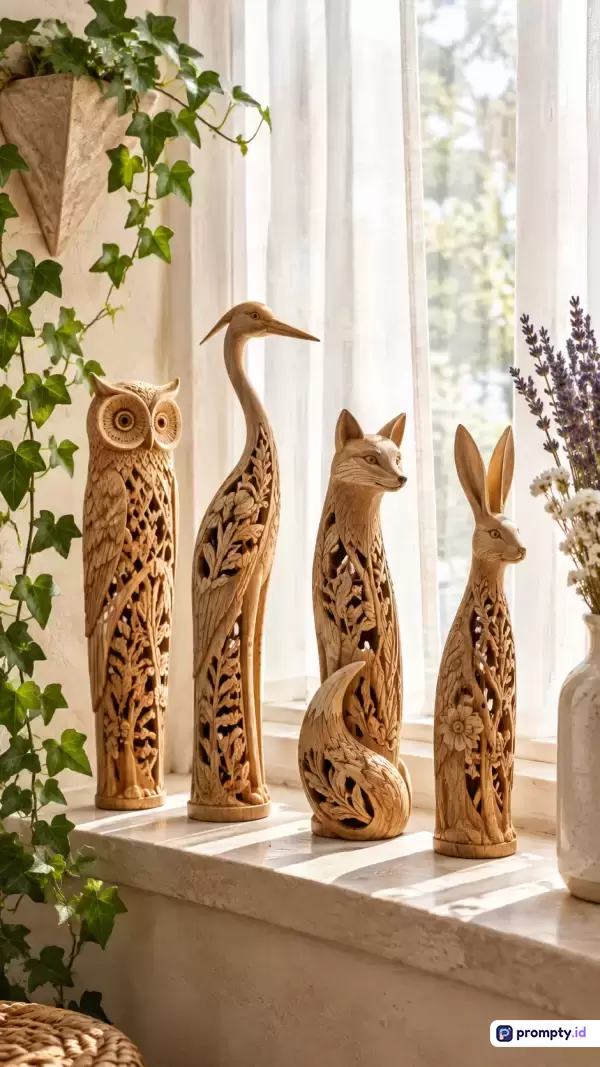 Gambar bergaya fotografi produk naturalis ini menampilkan konten empat patung kayu berukir motif flora dan fauna—burung hantu, burung kuntul, rubah, dan kelinci—yang diletakkan di atas ambang jendela dengan latar tirai putih dan tanaman hias hijau, serta menggunakan kata kunci dekorasi rumah, ukiran kayu, kerajinan tangan, patung hewan, dan interior estetik, dengan dominasi warna cokelat kayu, putih gading, dan hijau daun.