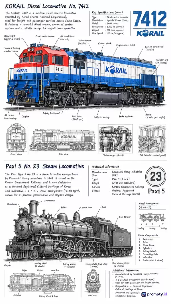 Gambar teknik bergaya ilustrasi manual ini menampilkan skema detail lokomotif KORAIL Diesel No. 7412 dan Paxi 5 No. 23 Steam Locomotive dengan didominasi warna putih, biru, dan merah, serta memuat kata kunci KORAIL, lokomotif diesel, lokomotif uap, spesifikasi teknis, dan diagram komponen kereta.