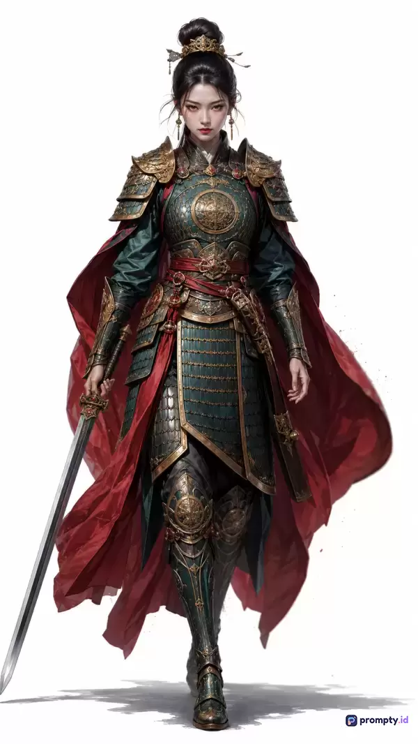 Gambar bergenre ilustrasi digital bergaya fantasi Tiongkok ini menampilkan konten seorang prajurit wanita anggun namun tangguh berbalut zirah berornamen emas dan hijau tua dengan jubah merah dramatis, memegang pedang panjang, menggunakan kata kunci ksatria wanita Tiongkok, zirah fantasi, prajurit epik, serta didominasi oleh tiga warna utama yaitu hijau tua, merah, dan emas.