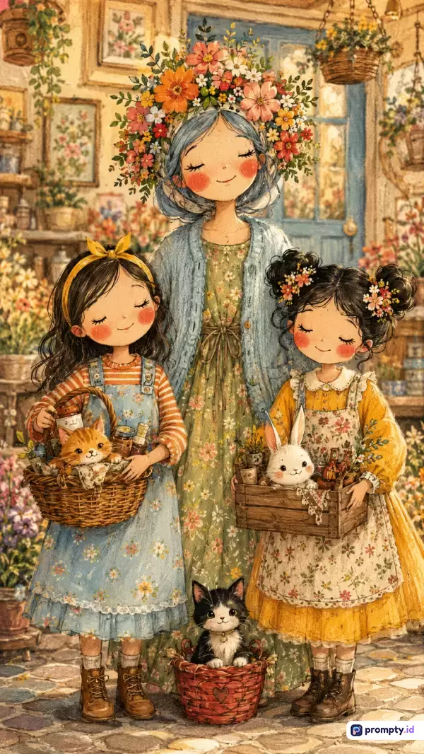 Gambar bergaya ilustrasi dongeng klasik ini menampilkan seorang ibu bermahkota bunga bersama dua anak perempuannya yang sedang tersenyum damai di tengah toko bunga yang asri dengan tiga warna dominan yaitu hijau zaitun, cokelat kayu, dan kuning mustard, serta diperkaya dengan kata kunci seni digital, keluarga bahagia, hewan peliharaan, kucing, kelinci, bunga, dan suasana hangat.