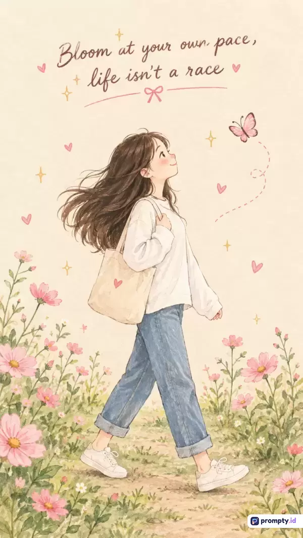 Gambar bergaya ilustrasi digital cat air yang lembut ini menampilkan konten seorang wanita berambut panjang berjalan santai di antara ladang bunga dengan kutipan inspiratif, menggunakan kata kunci motivasi diri, estetika, dan ketenangan, serta didominasi oleh palet warna krem hangat, merah muda pastel, dan hijau lembut.