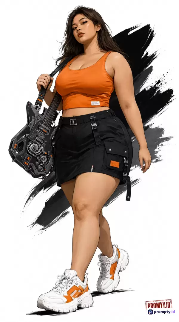 Gambar berformat ilustrasi digital anime modern ini menampilkan seorang wanita bertubuh berisi dengan gaya streetwear kasual yang membawa gitar listrik futuristik, diperkaya dengan kata kunci wanita, kurva, busana jalanan, gitar mekanik, dan latar cipratan kuas, didominasi oleh warna oranye, hitam, dan putih, serta menonjolkan estetika seni pop urban yang dinamis.