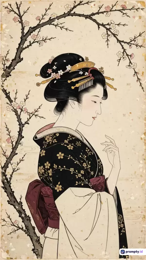 Gambar ber-gaya seni tradisional ukiyo-e Jepang ini menampilkan konten wanita anggun berkimono di bawah pohon sakura, dengan kata kunci budaya, elegan, dan sejarah, serta palet warna dominan krem, hitam, dan merah marun.