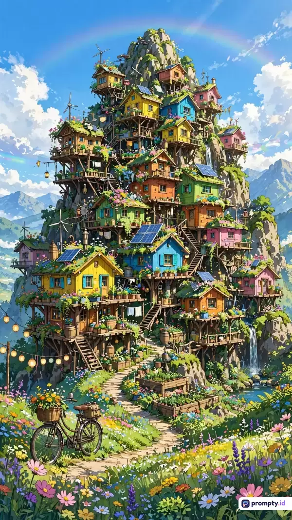 Gambar bergenre ilustrasi digital fantasi bergaya anime Ghibli ini menampilkan komunitas desa rumah pohon warna-warni yang bertingkat di atas gunung berbatu dengan latar langit cerah, pelangi, dan padang bunga, dengan tiga warna dominan yaitu biru cerah, hijau daun, dan kuning matahari, serta kata kunci perkampungan vertikal, ekologis, dongeng, dan petualangan.