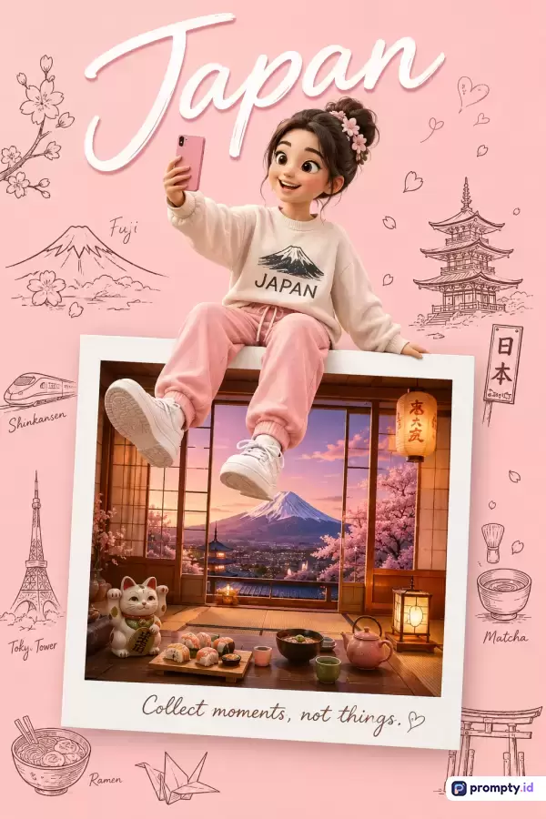 Gambar bergenre ilustrasi digital 3D gaya animasi modern ini menampilkan konten gadis remaja berambut sanggul yang sedang berswafoto dengan latar belakang estetis bertema Jepang yang dihiasi sketsa ikonik seperti Gunung Fuji, pagoda, dan bunga sakura, serta menggunakan kata kunci Jepang, ilustrasi 3D, anime, swafoto, budaya, Gunung Fuji, didominasi oleh warna merah muda, putih, dan cokelat, dengan tiga warna dominan yaitu merah muda, putih, dan cokelat.