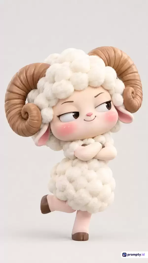 Gambar bergaya 3D render animasi lucu ini menampilkan karakter domba betina berbulu putih lembut dengan tanduk coklat melingkar besar, berpose menyilang tangan dengan ekspresi jenaka dan percaya diri, serta menggunakan palet warna dominan putih, cokelat, dan merah muda dengan kata kunci domba, animasi 3D, karakter lucu, dan pose sombong.