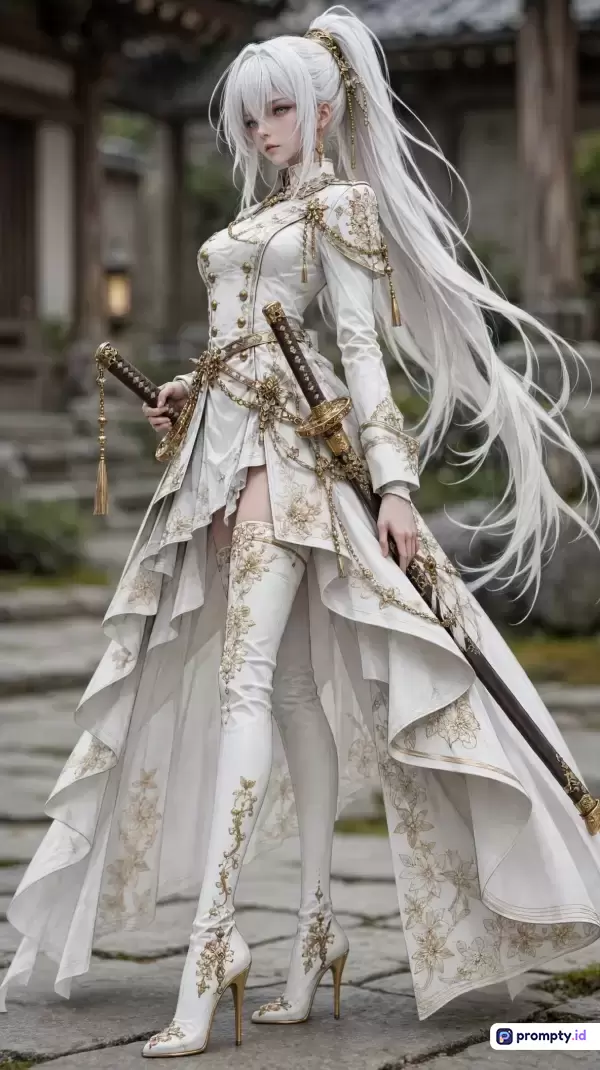 Gambar bergaya anime realistis ini menampilkan seorang wanita berambut putih panjang dengan gaun fantasi putih-emas elegan dan sepatu bot tinggi yang memegang dua pedang katana di latar luar ruangan yang buram, dengan kata kunci wanita, anime, pedang, fantasi, putih, emas, elegan, prajurit, dan tiga warna dominan yaitu putih, emas, dan cokelat.