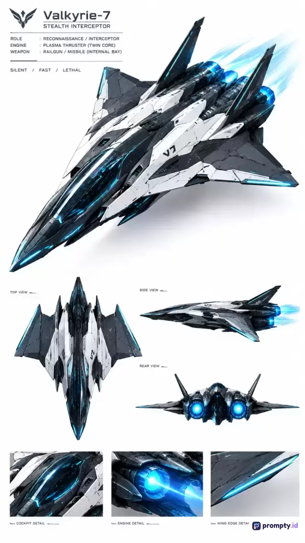 Gambar konsep desain fiksi ilmiah bergaya digital art ini menampilkan pesawat tempur luar angkasa canggih Valkyrie-7 Stealth Interceptor lengkap dengan spesifikasi teknis, berbagai sudut pandang, serta detail kokpit dan mesin, menggunakan kata kunci pesawat futuristik, desain konsep, sci-fi, jet siluman, dan didominasi oleh warna putih, hitam, serta biru muda.