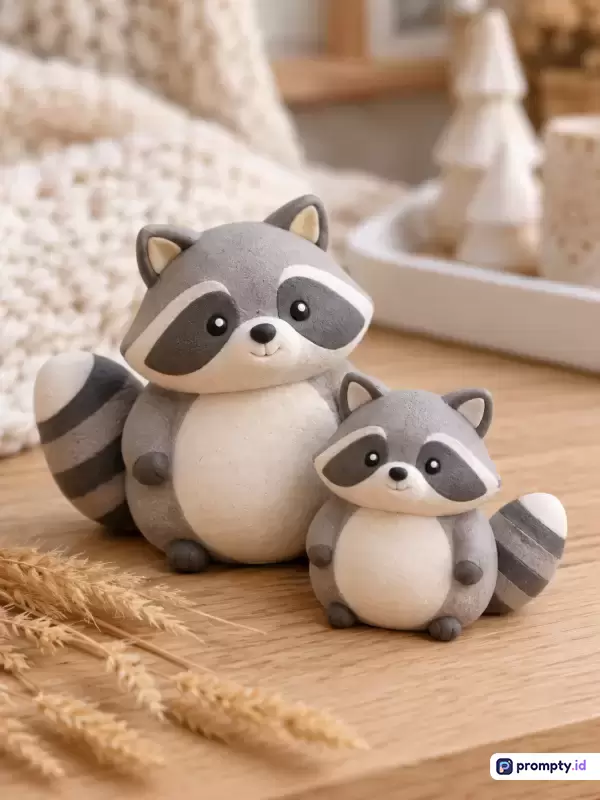 Gambar ini menampilkan gaya fotografi makro dengan konten patung miniatur rakun lucu di atas meja kayu, dengan kata kunci boneka, hewan, estetika, dan dekorasi, didominasi oleh warna abu-abu, cokelat muda, dan putih krem.