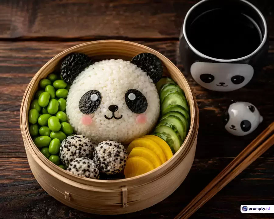 Gambar bergaya fotografi makanan ini menampilkan konten bento lucu berbentuk panda yang dikelilingi edamame, irisan mentimun, dan lobak kuning di dalam kukusan bambu, dengan kata kunci bento panda, seni makanan Jepang, onigiri lucu, dan makan siang sehat, didominasi oleh warna hijau, putih, dan cokelat kayu.