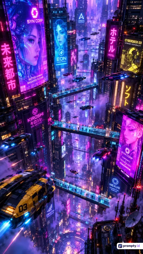 Gambar bergaya seni digital futuristik ini menampilkan lanskap perkotaan cyberpunk yang padat dengan gedung pencakar langit tinggi, papan reklame neon raksasa bergambar wajah wanita, dan mobil terbang yang melayang di antara jembatan penyeberangan bercahaya, dengan tiga warna dominan yaitu ungu, biru, dan kuning.