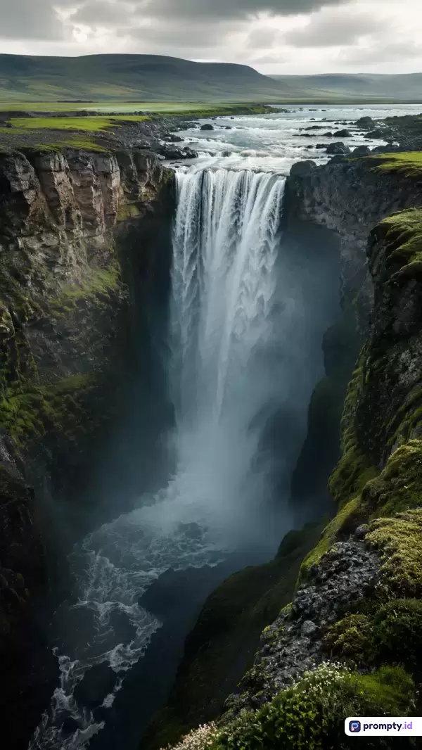 Sebuah air terjun besar yang mengalir deras di antara tebing curam berlumut, dengan latar belakang dataran hijau luas dan langit berawan di bawah cuaca mendung.